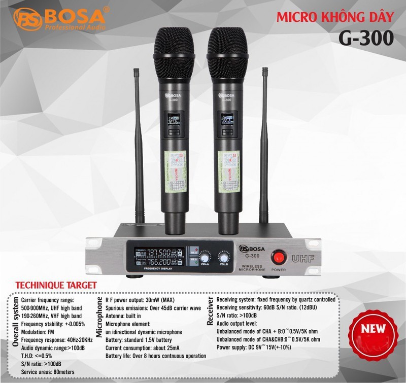 MICRO KARAOKE KHÔNG DÂY BOSA G300 - TẶNG KÈM PIN SẠC