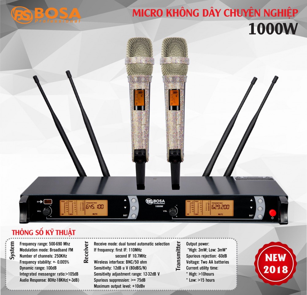 Micro Karaoke không Dây Bosa 1000W 4 Sóng